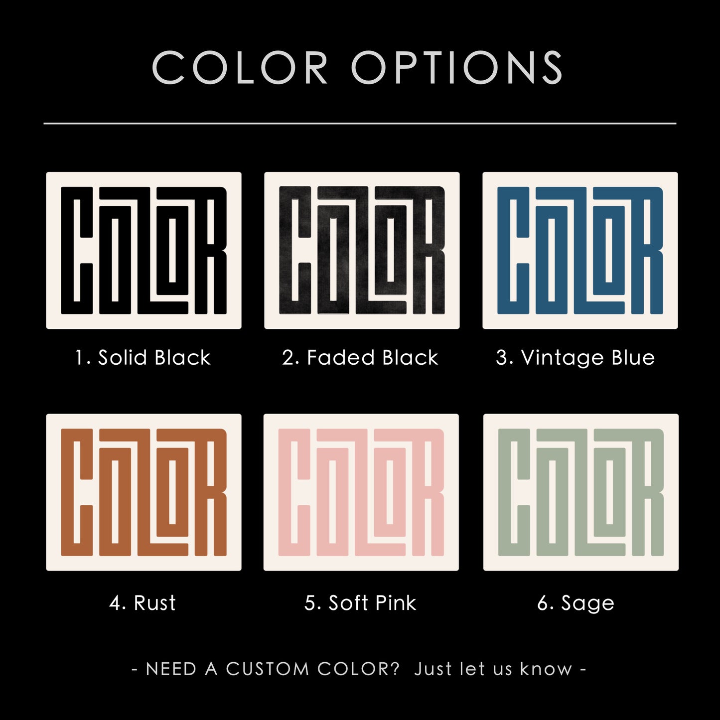 Color Options For Serif Art Prints - Black Blue, Rust, Pink, Sage