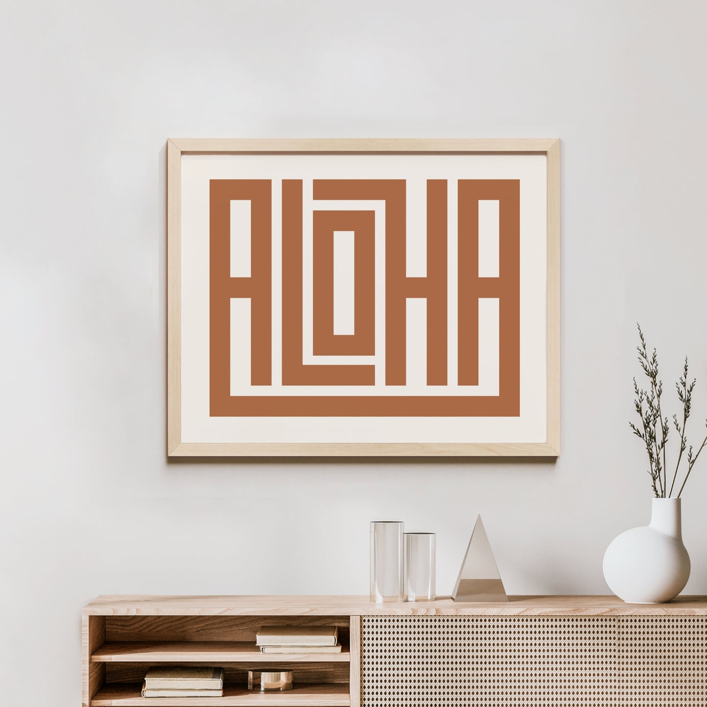 Minimalist Wood Framed Aloha Wall Decor in Modern Styled Room