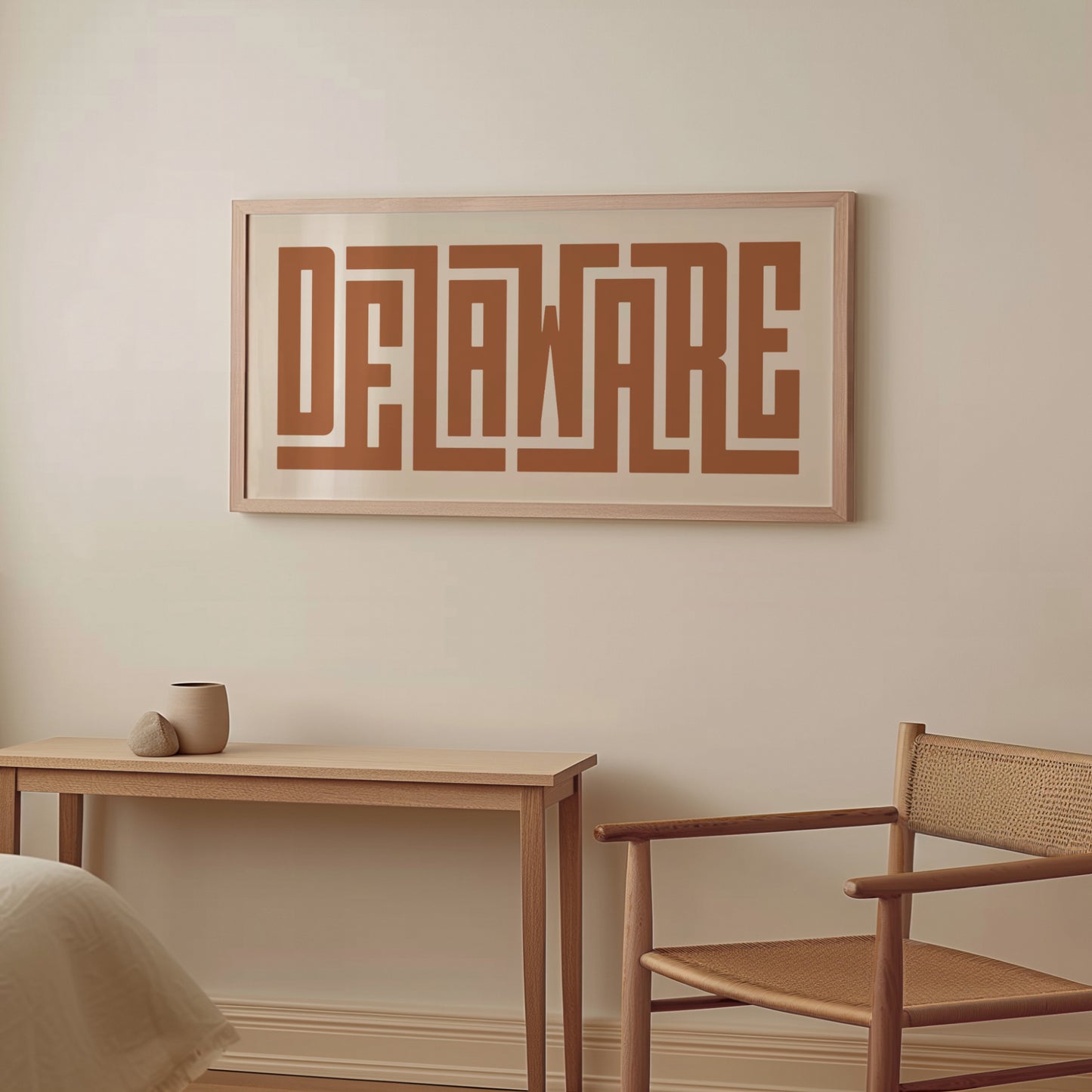 Wood framed minimalist Delaware Wall Decor in Boho style room wtih neutral colors