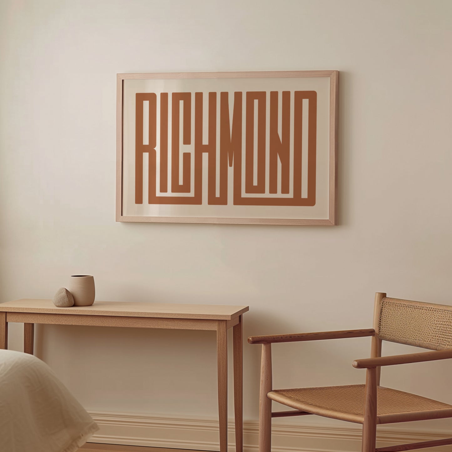 Wood framed minimalist Richmond Wall Decor in Boho style room wtih neutral colors