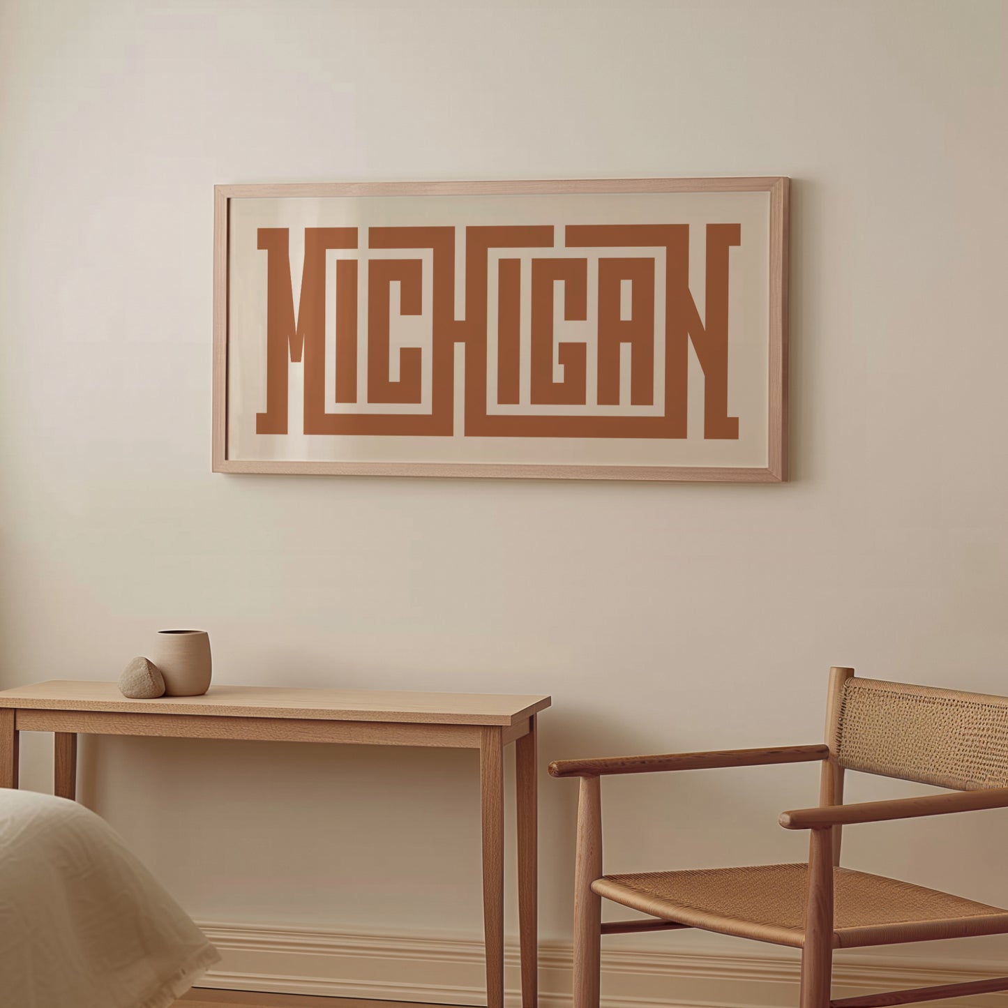 Wood framed minimalist Michigan Wall Decor in Boho style room wtih neutral colors