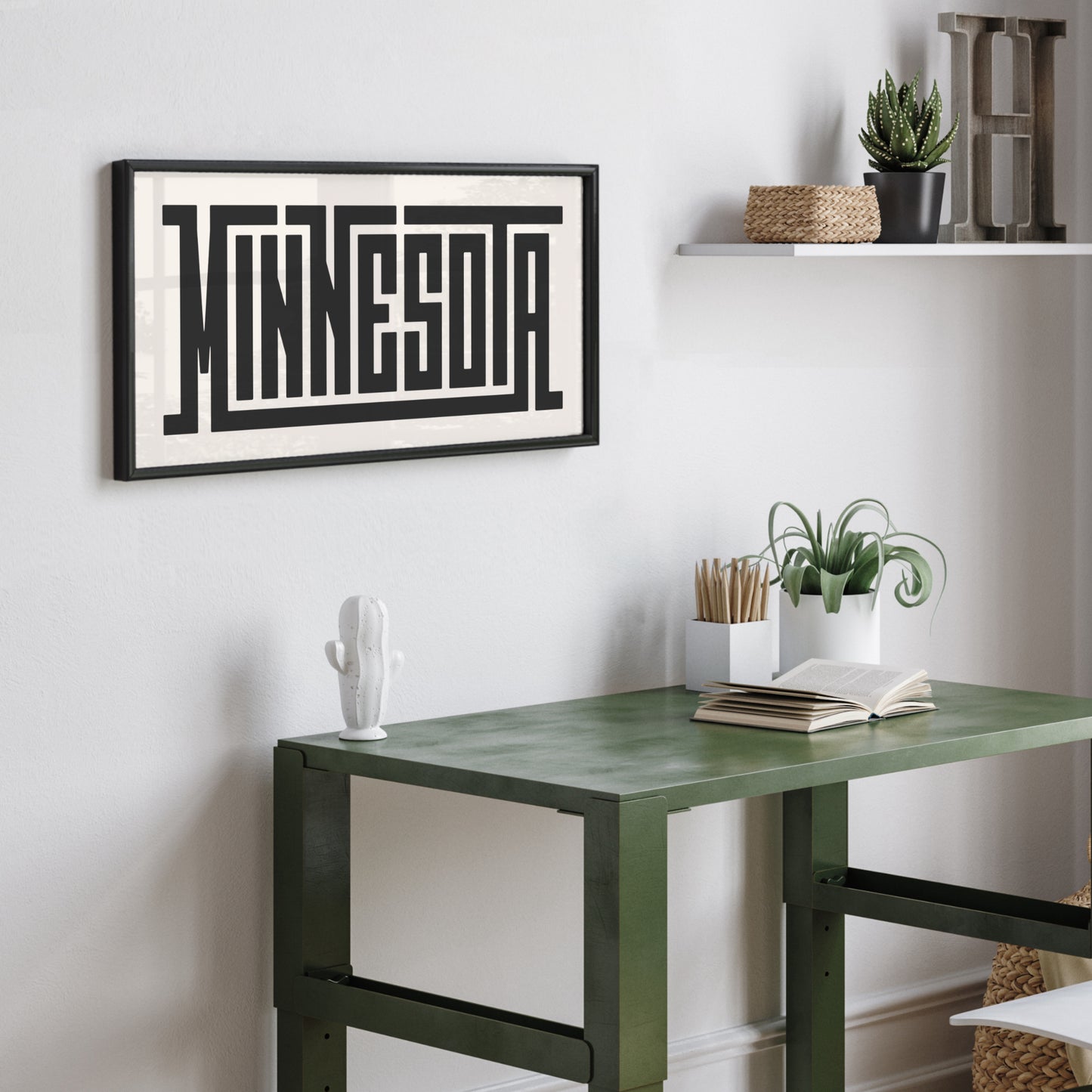 Personalized Minnesota art poster in Black Frame above desk in minimalist dorm room.