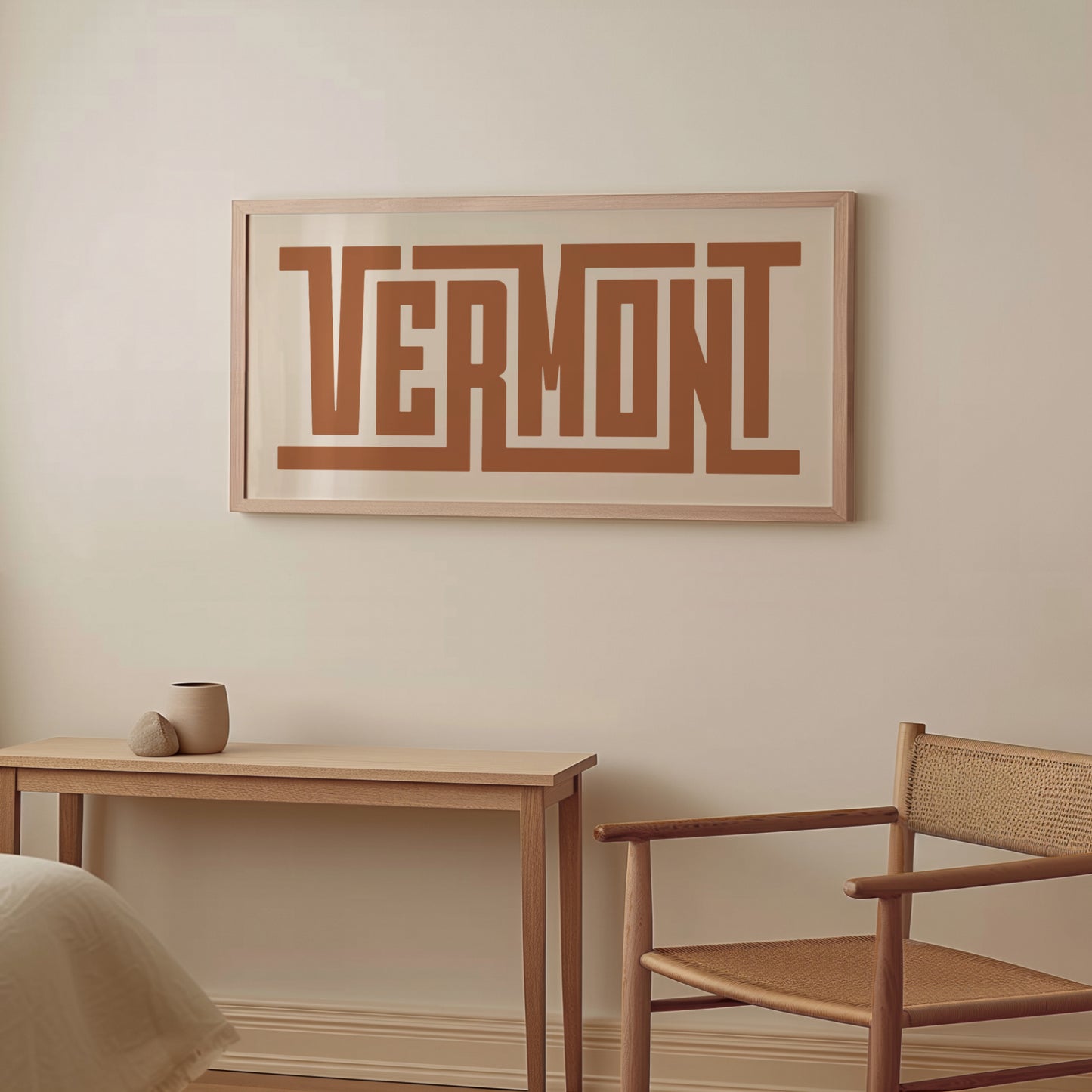 Wood framed minimalist Vermont Wall Decor in Boho style room wtih neutral colors