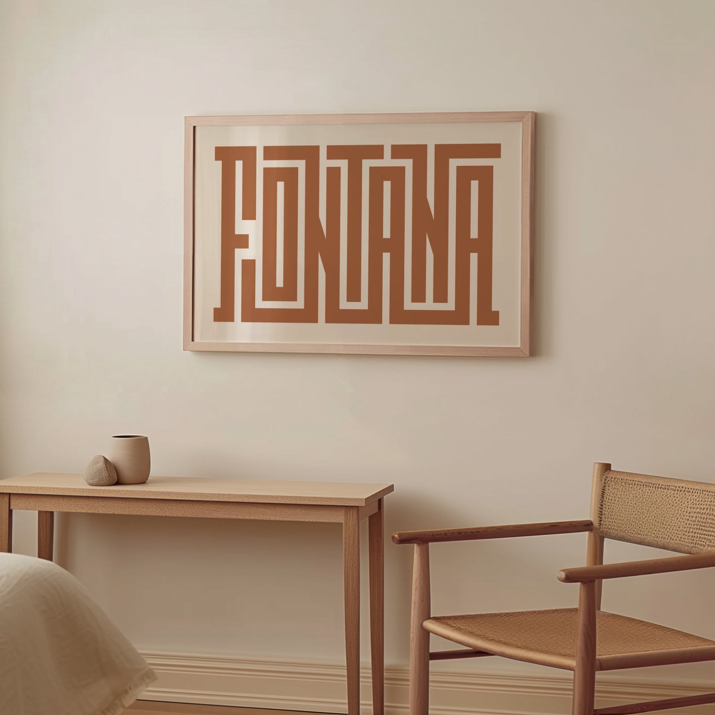 Wood framed minimalist Fontanta Wall Decor in Boho style room wtih neutral colors