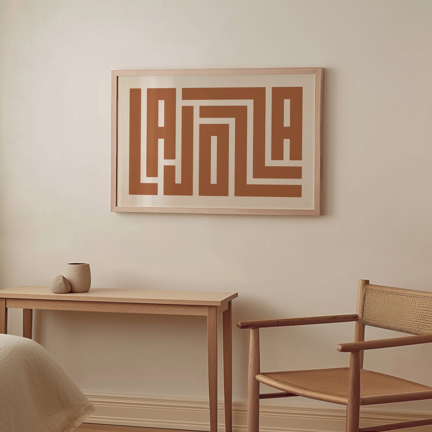 Wood framed minimalist La Jolla Wall Decor in Boho style room wtih neutral colors
