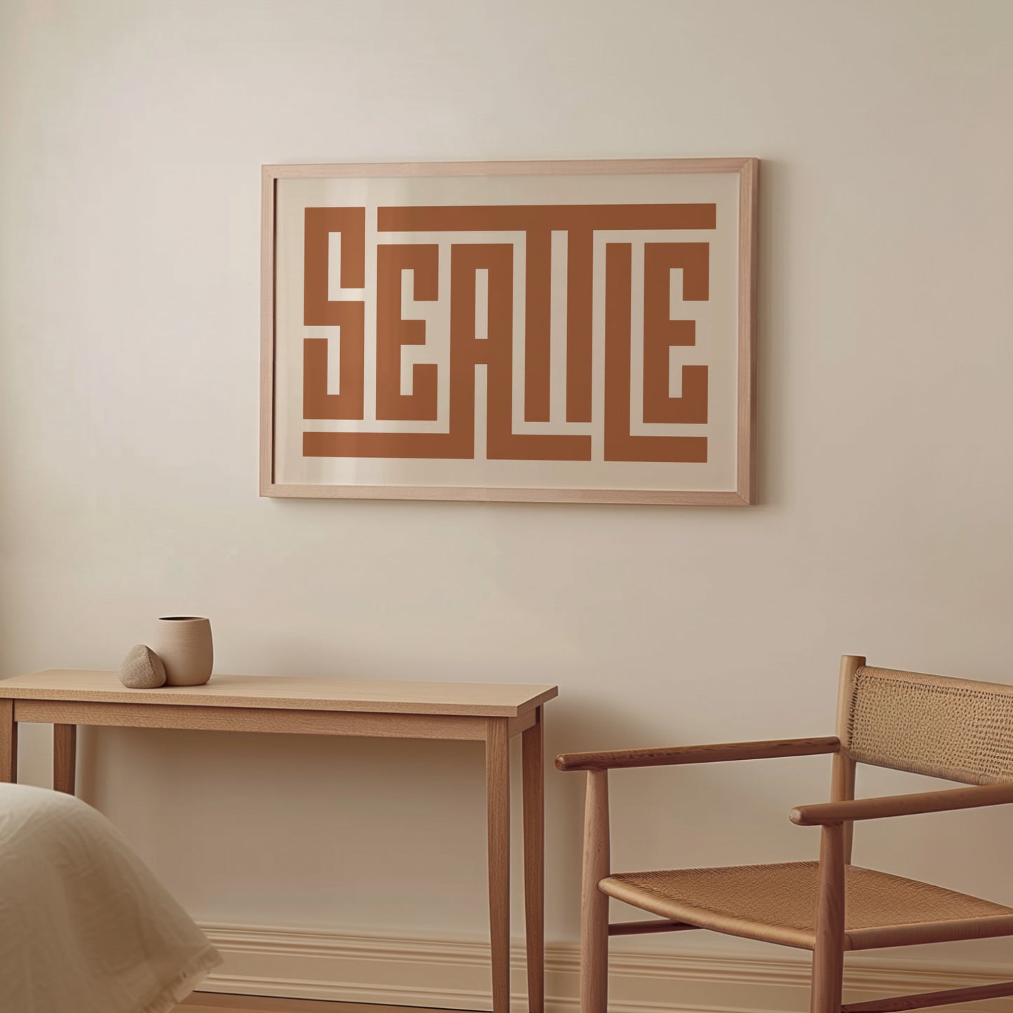 Wood framed minimalist Seattle Wall Decor in Boho style room wtih neutral colors