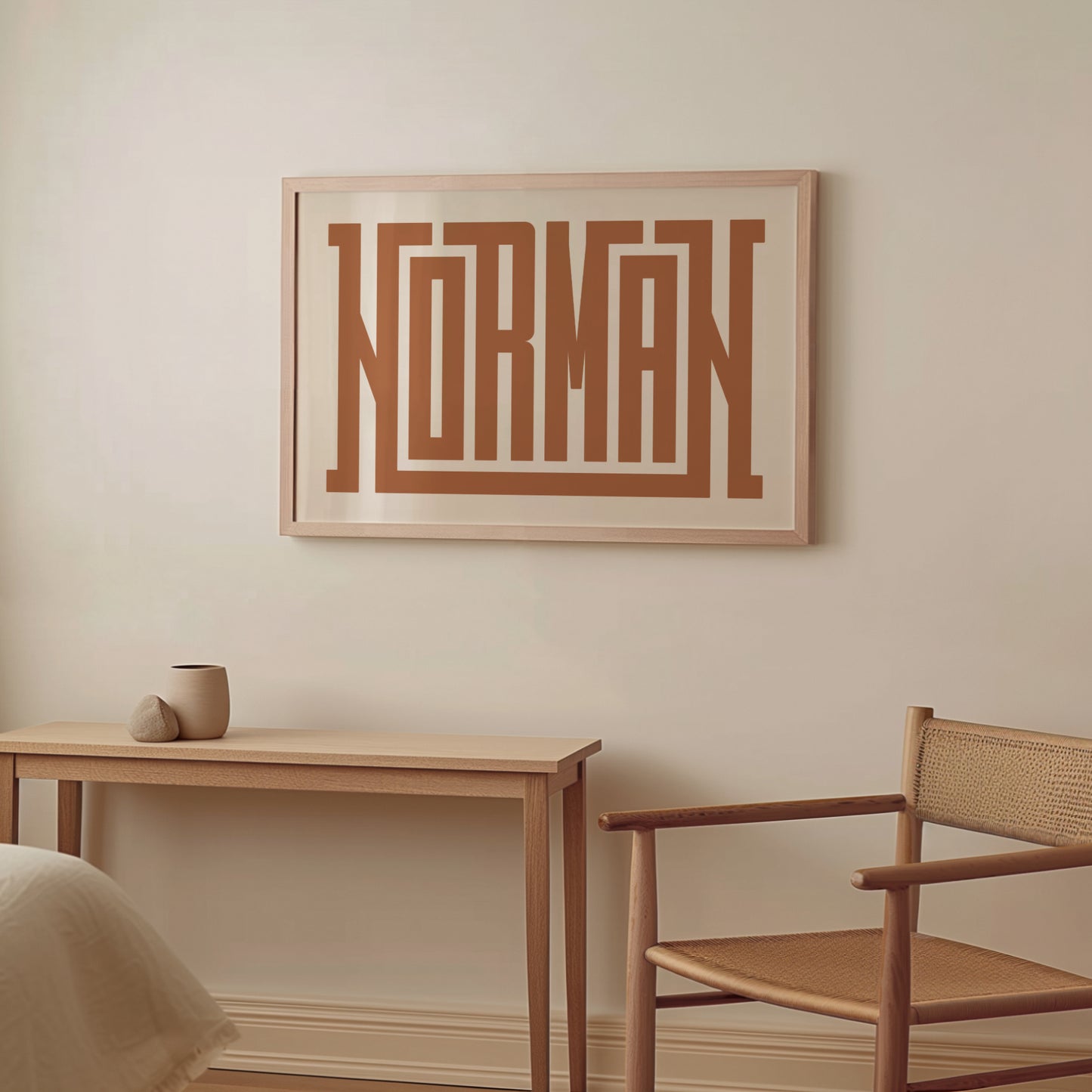 Wood framed minimalist Norman Wall Decor in Boho style room wtih neutral colors