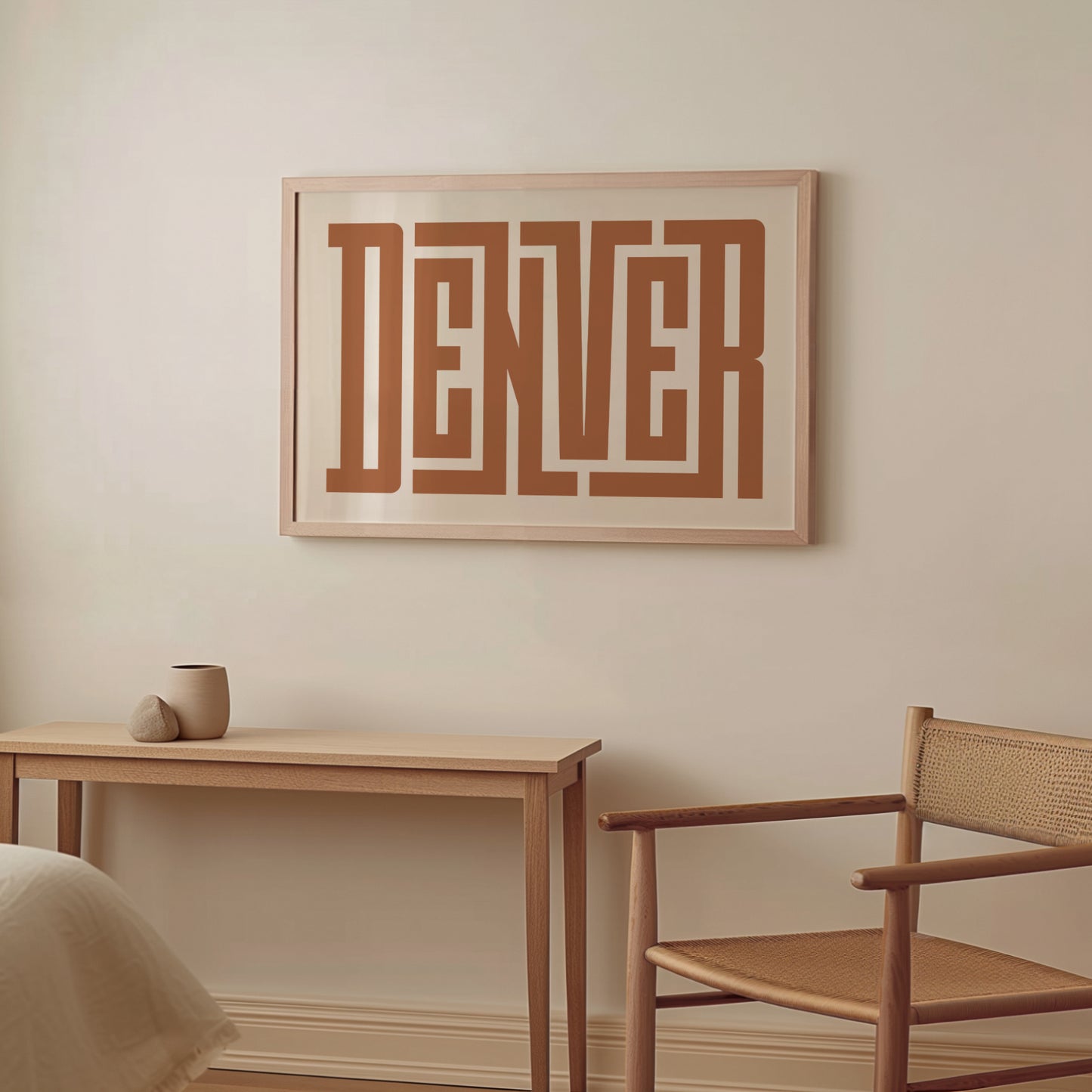 Wood framed minimalist Denver Wall Decor in Boho style room wtih neutral colors