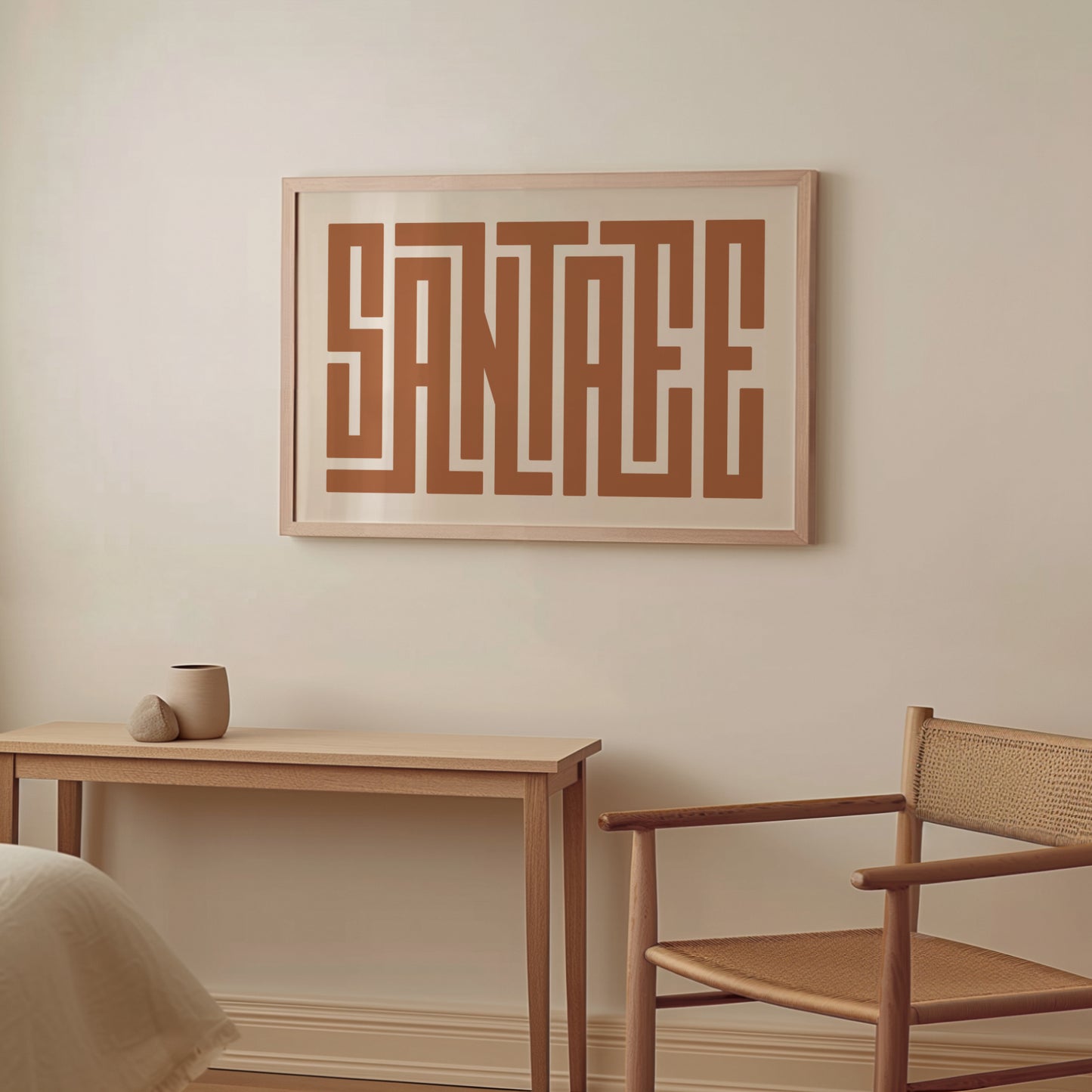 Wood framed minimalist Santa Fe Wall Decor in Boho style room wtih neutral colors