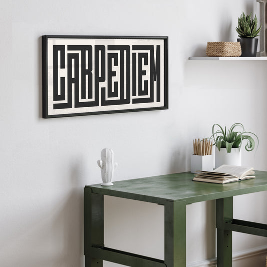 Personalized Carpe Diem poster in Black Frame above desk in minimalist dorm room.