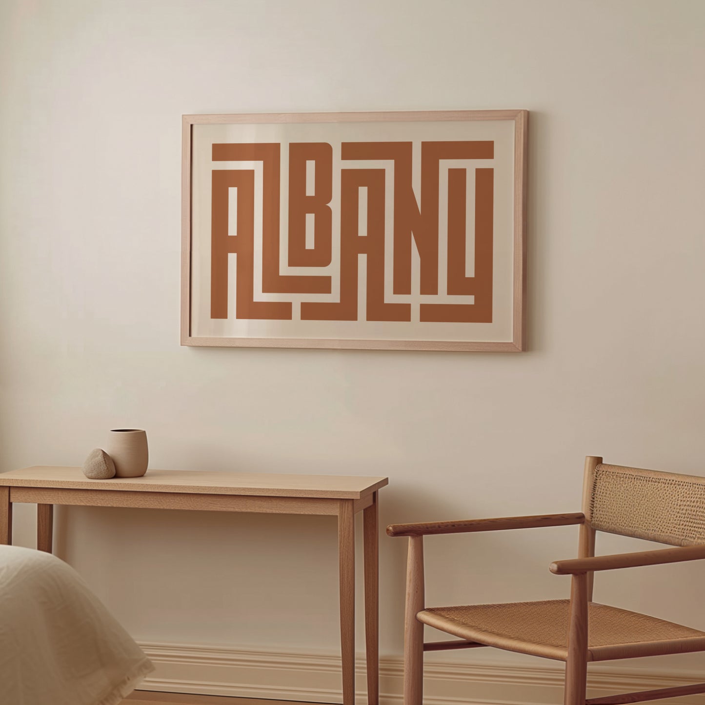 Wood framed minimalist Albany Wall Decor in Boho style room wtih neutral colors