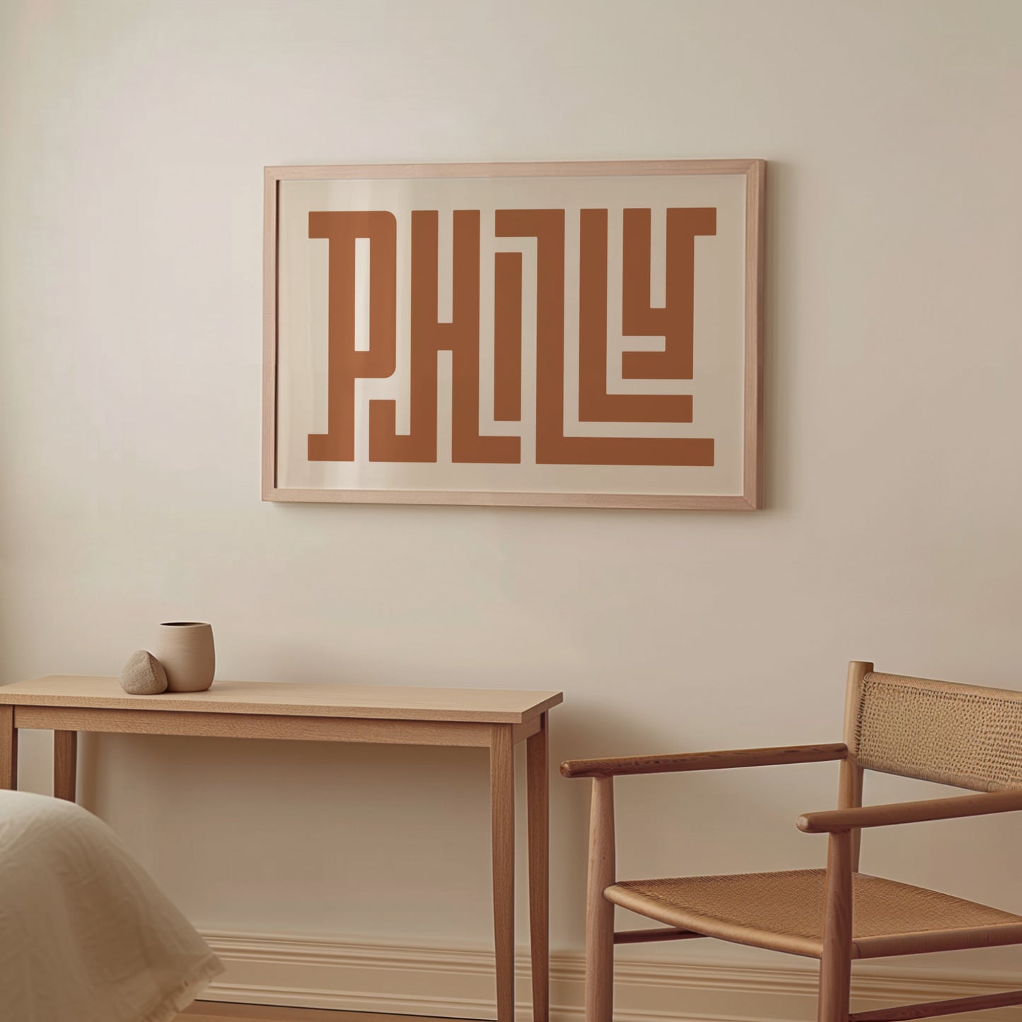 Wood framed minimalist Philly Wall Decor in Boho style room wtih neutral colors