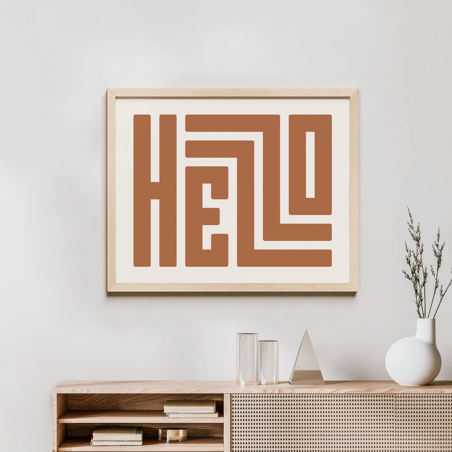 Minimalist Wood Framed Hello Wall Decor in Modern Styled Room