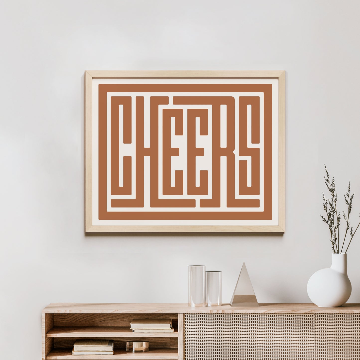 Minimalist Wood Framed Cheers Wall Decor in Modern Styled Room