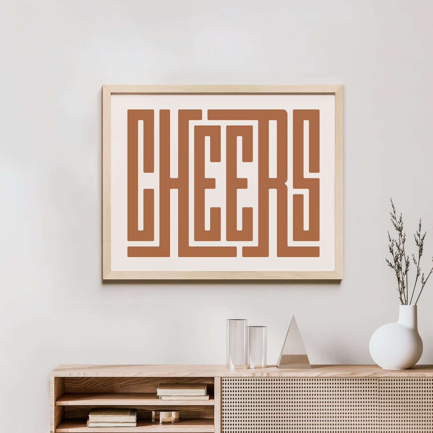 Minimalist Wood Framed Cheers Wall Decor in Modern Styled Room