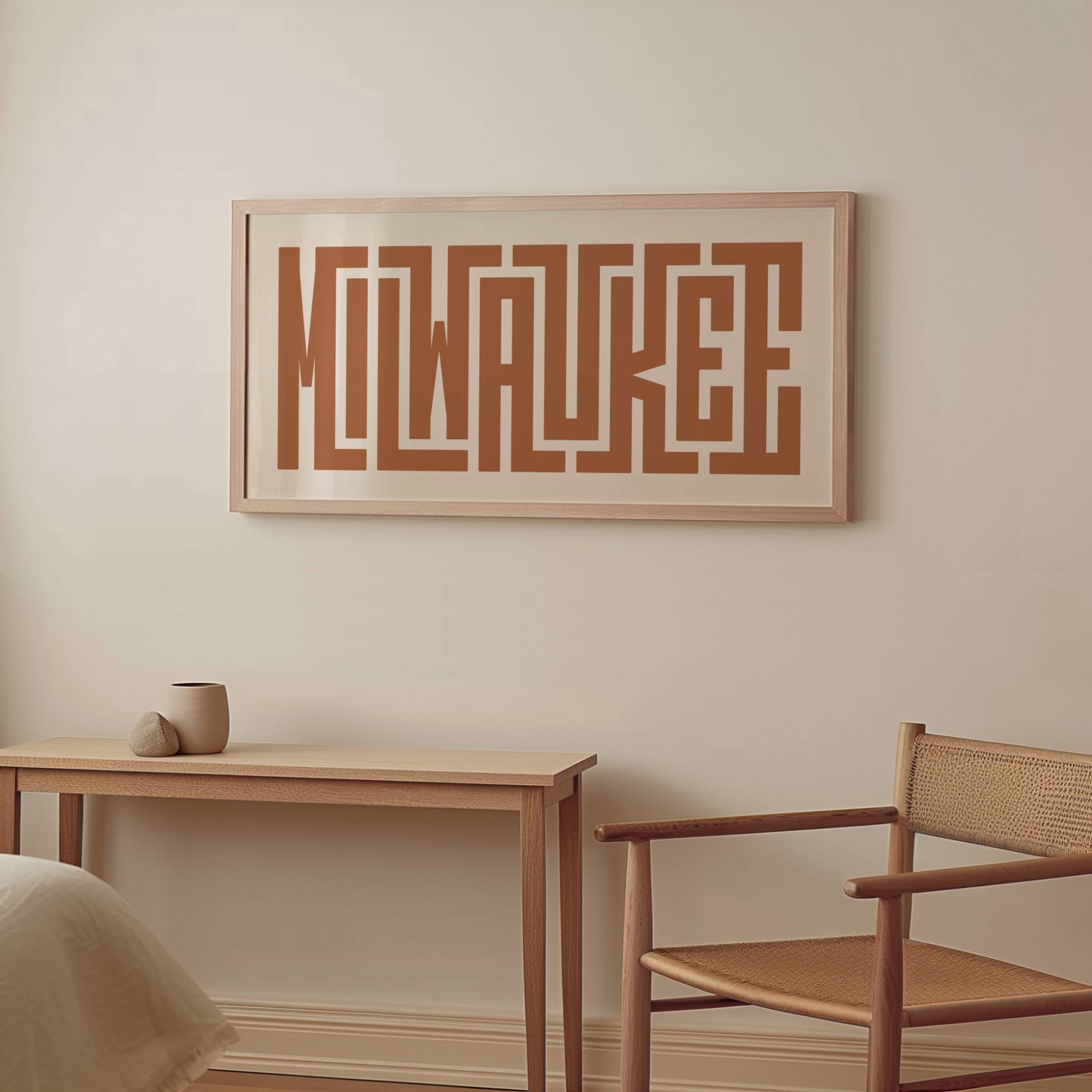 Wood framed minimalist Milwaukee Wall Decor in Boho style room wtih neutral colors