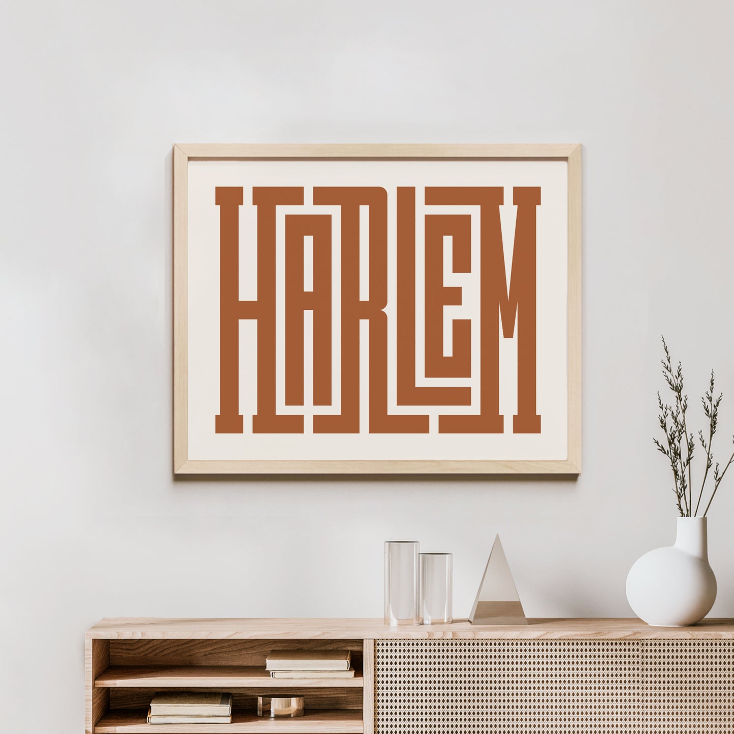 Minimalist Wood Framed Harlem Wall Decor in Modern Styled Room