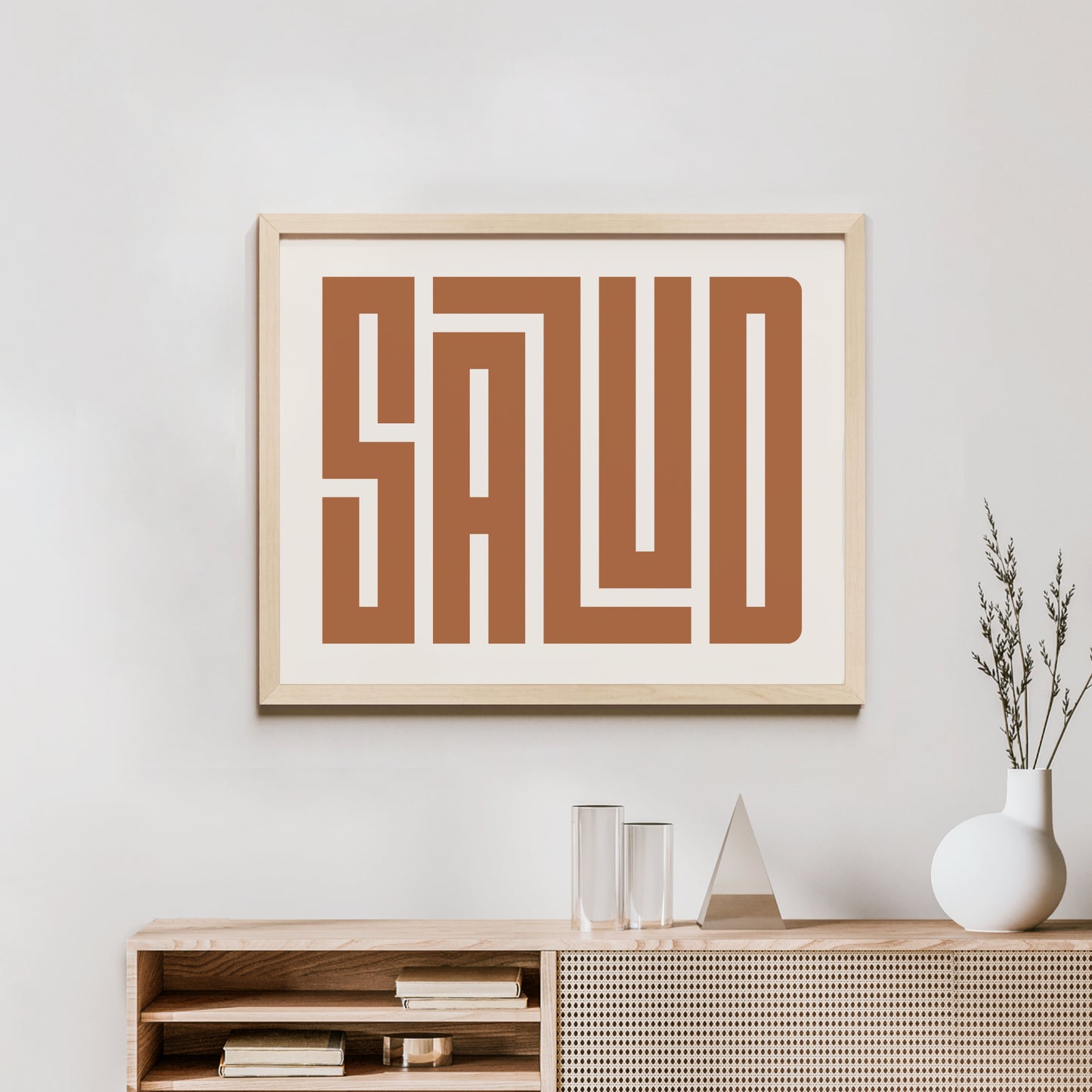 Minimalist Wood Framed Salud Wall Decor in Modern Styled Room