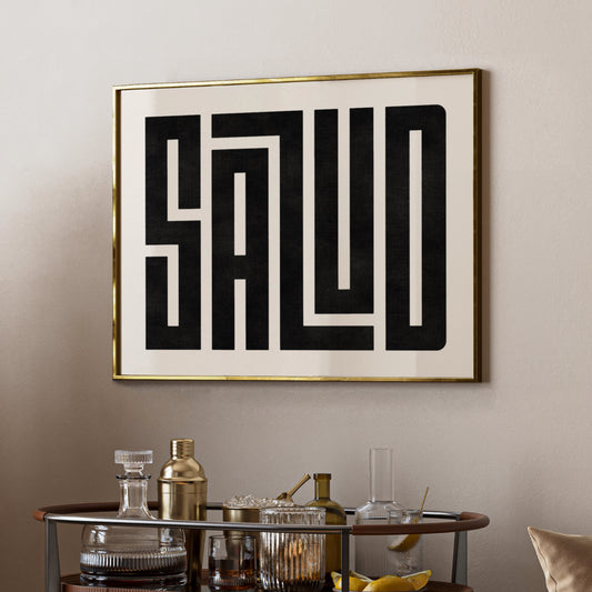 Trendy cocktail Salud art print above bar cart