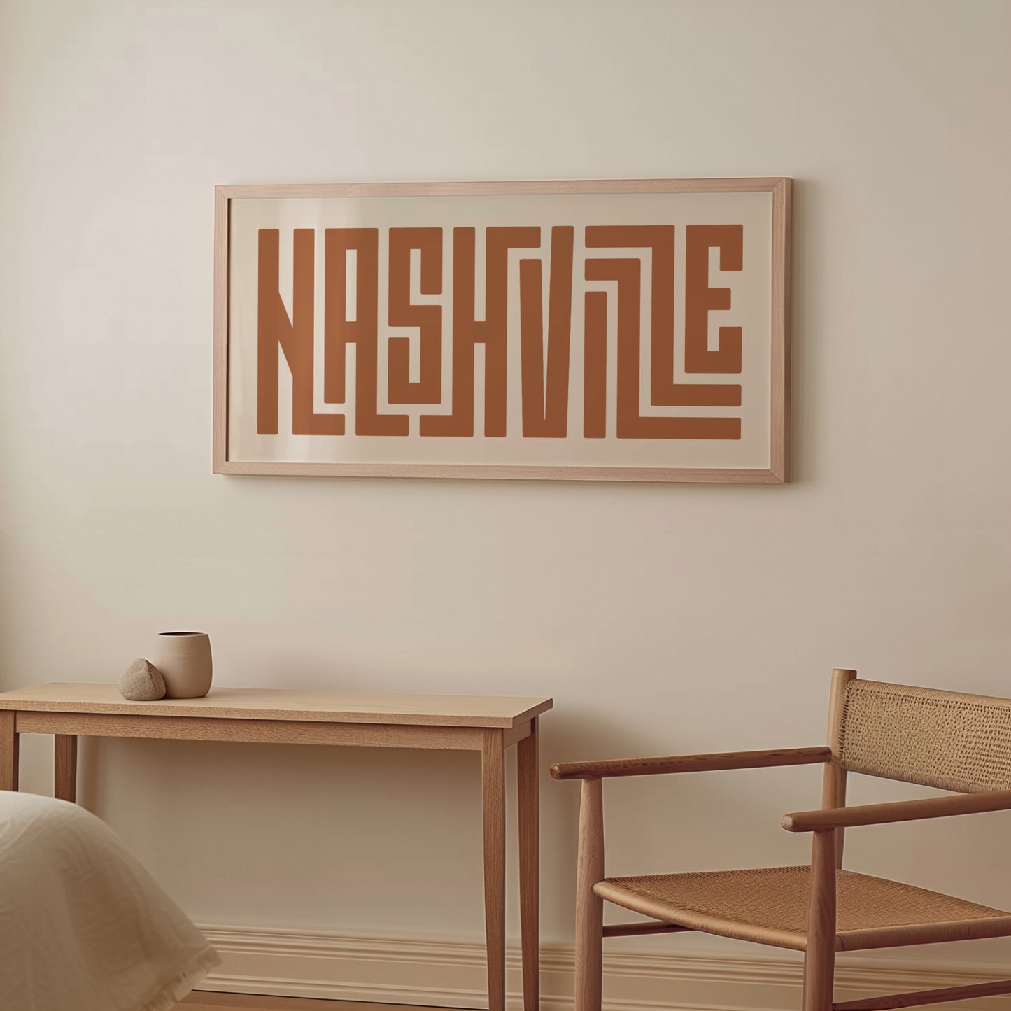 Wood framed minimalist Nashville Wall Decor in Boho style room wtih neutral colors