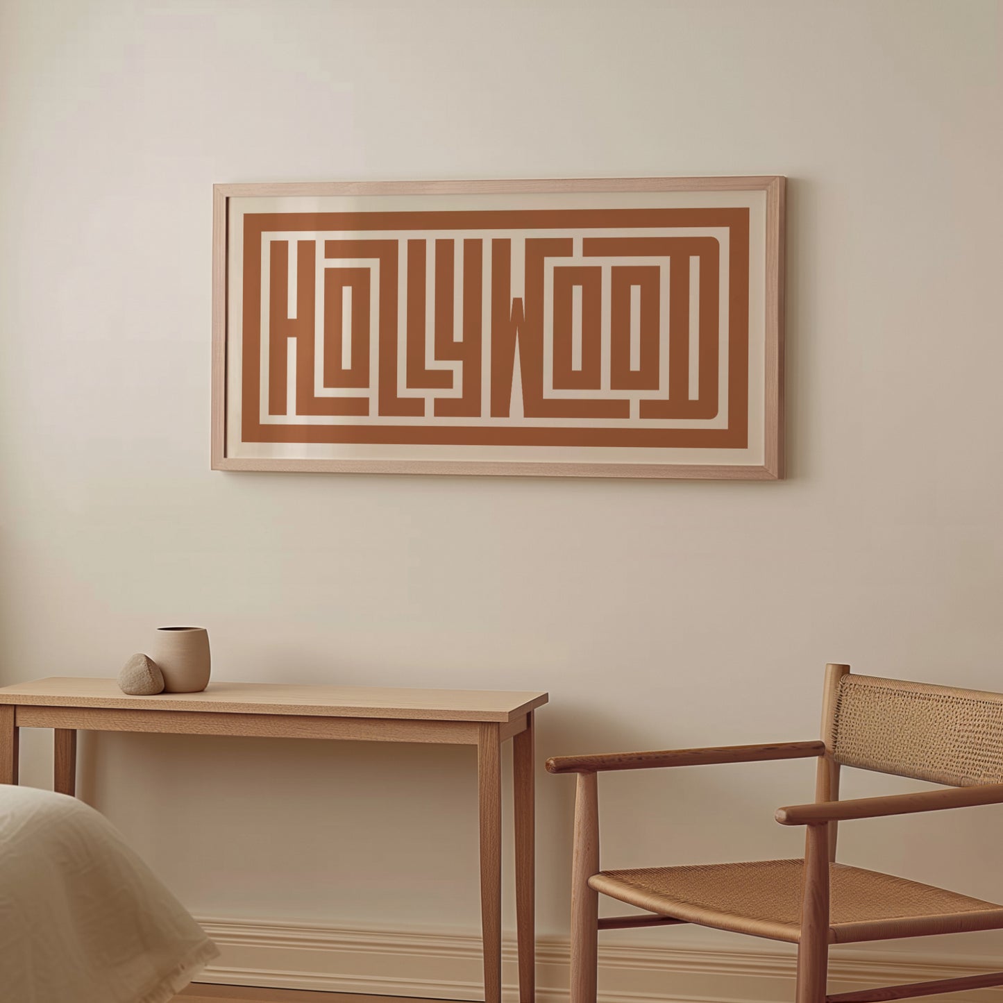Wood framed minimalist Hollywood Wall Decor in Boho style room wtih neutral colors