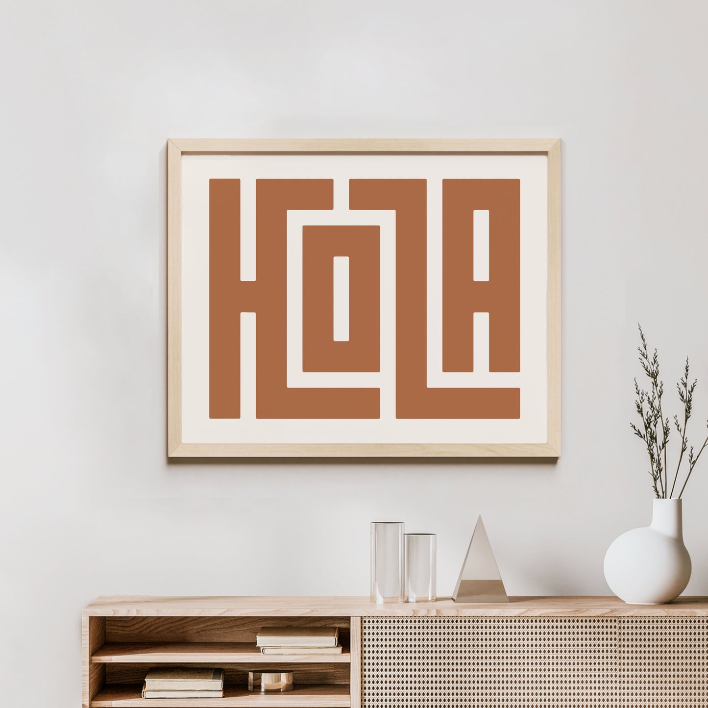 Minimalist Wood Framed Hola Wall Decor in Modern Styled Room