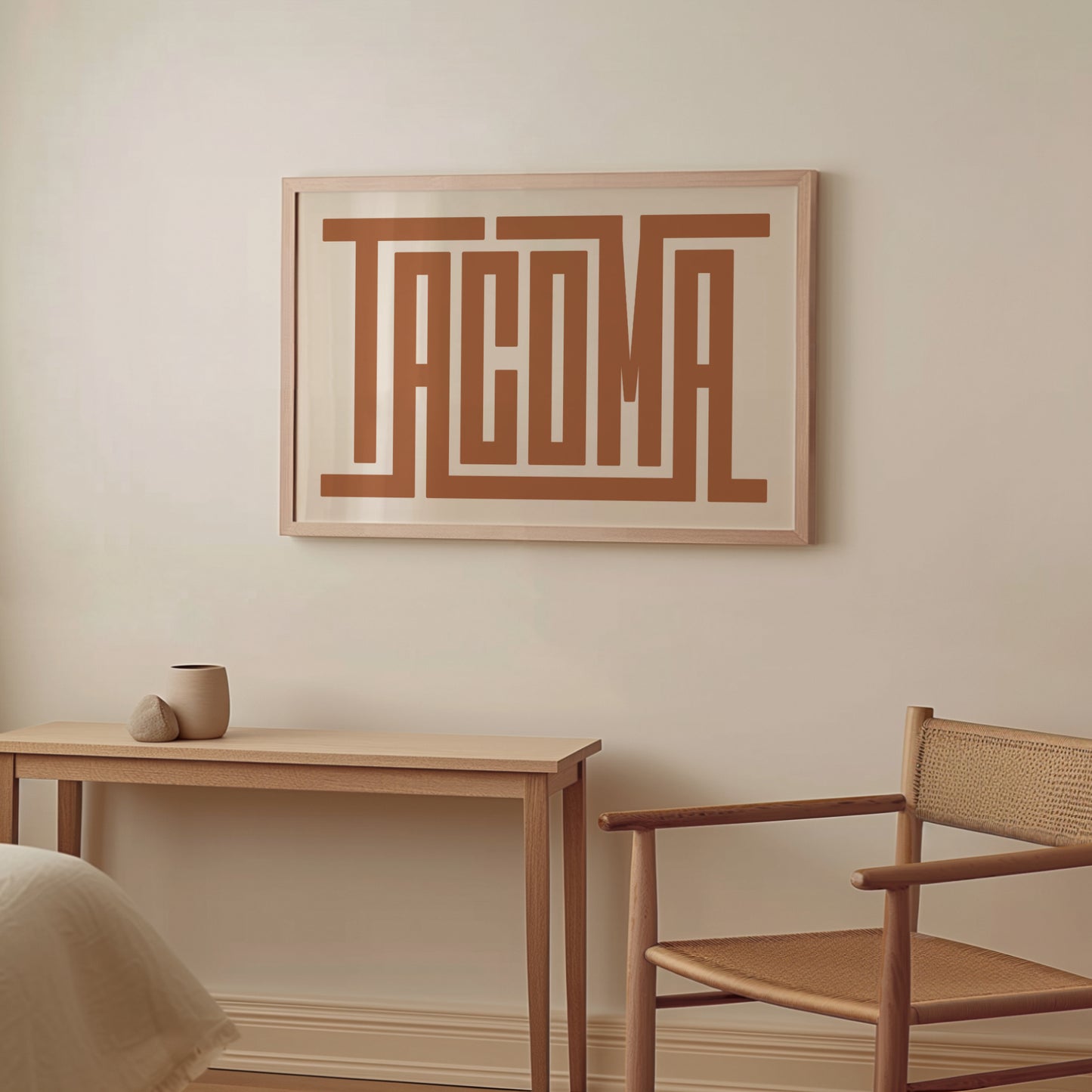 Wood framed minimalist Tacoma Wall Decor in Boho style room wtih neutral colors