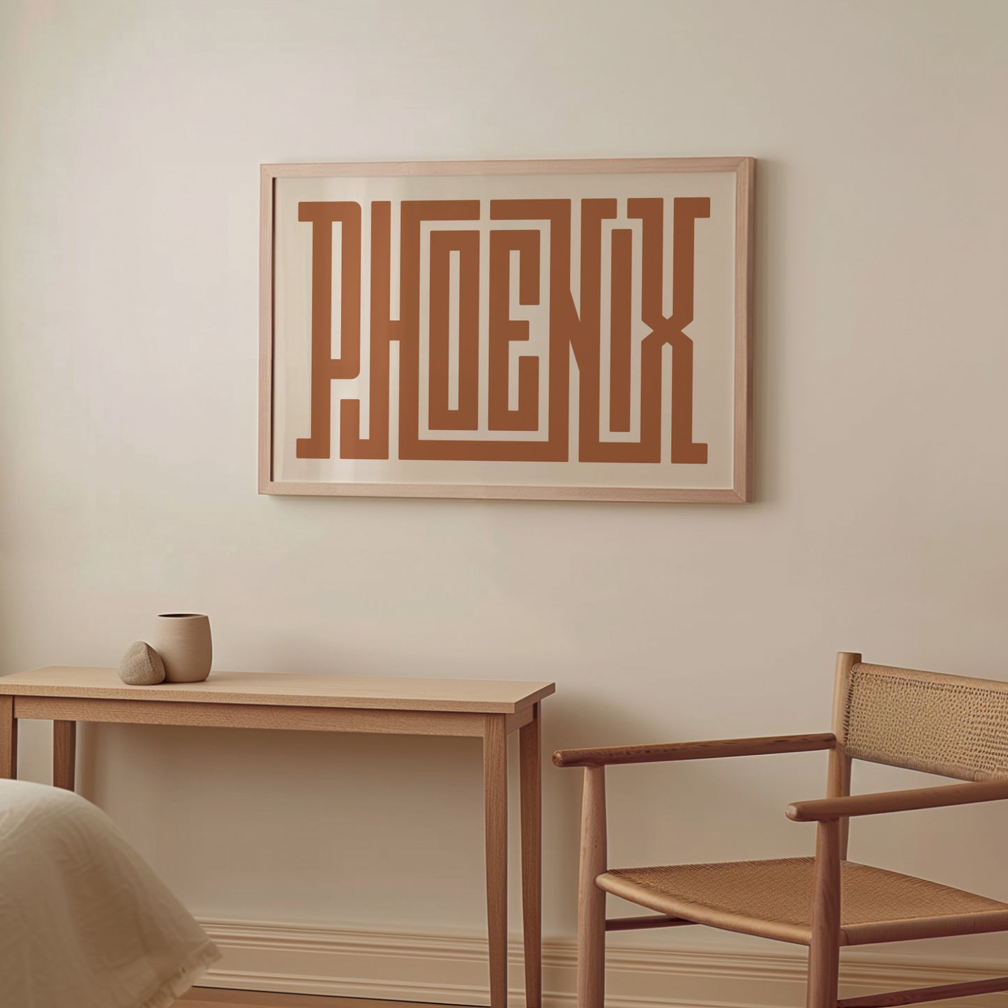 Wood framed minimalist Phoenix Wall Decor in Boho style room wtih neutral colors