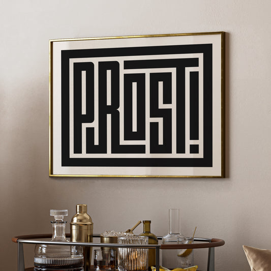 Trendy cocktail Prost art print above bar cart
