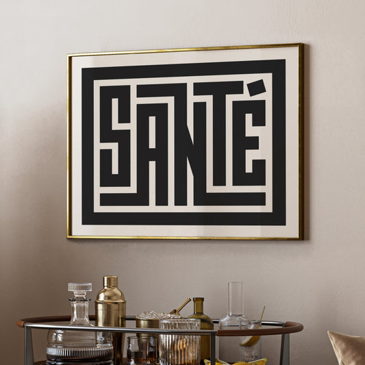 Trendy cocktail Santé art print above bar cart