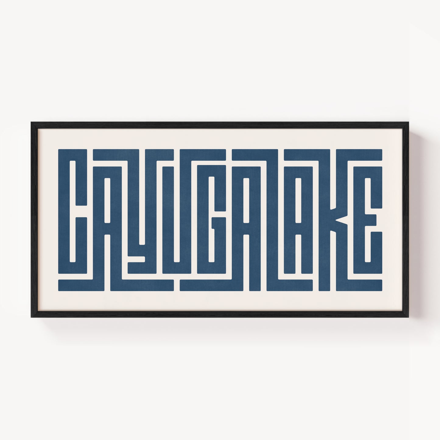 Modern Framed Cayuga Lake Art - Black Typography Design on White Background
