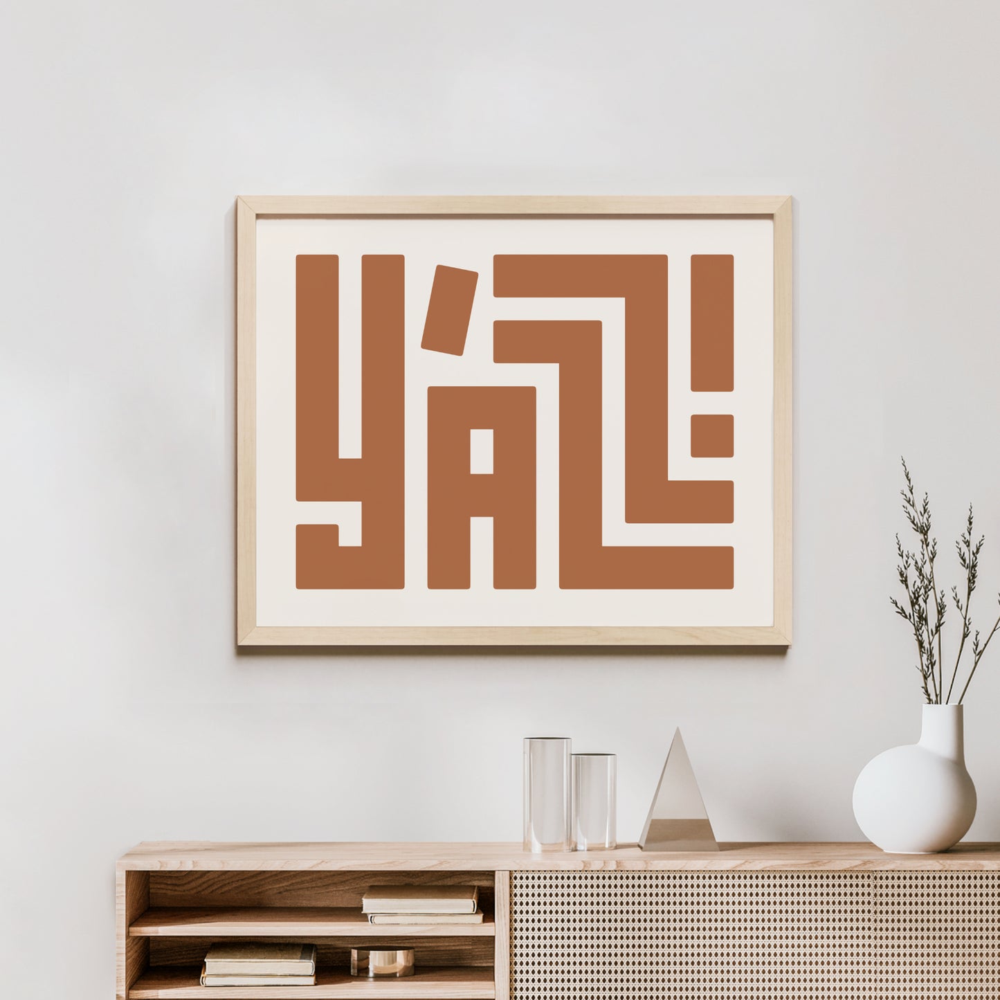 Minimalist Wood Framed Y'all Wall Decor in Modern Styled Room