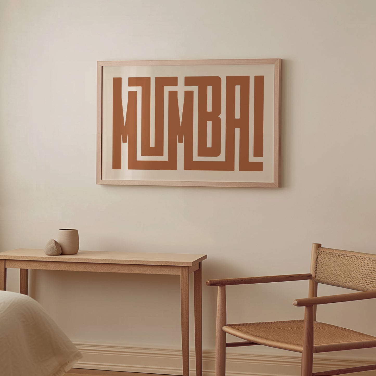 Wood framed minimalist Mumbai Wall Decor in Boho style room wtih neutral colors