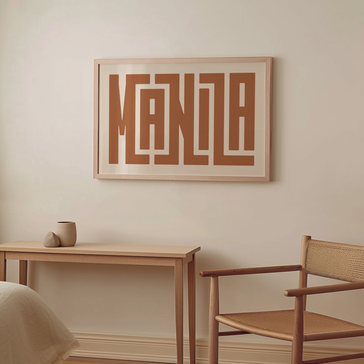 Wood framed minimalist Manila Wall Decor in Boho style room wtih neutral colors