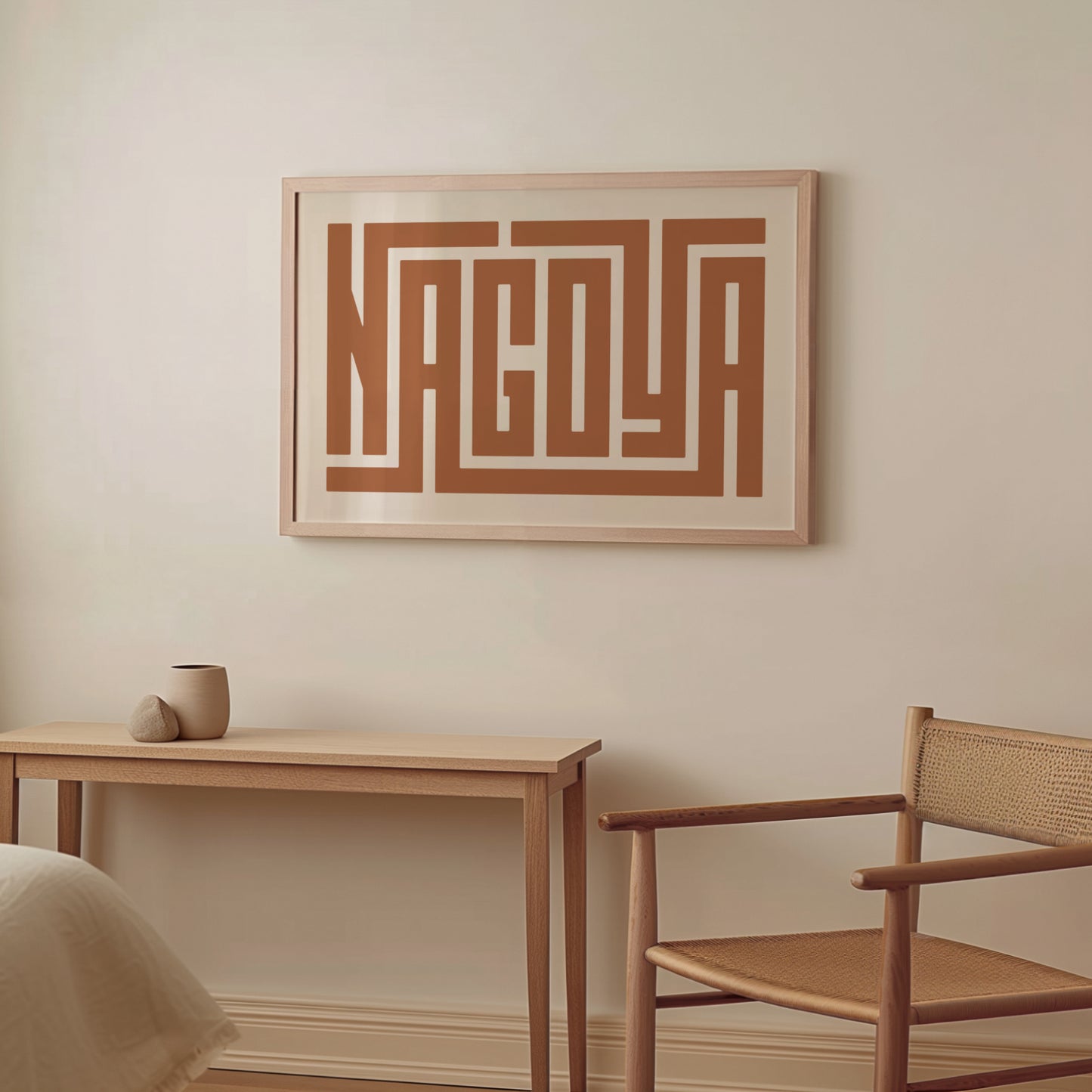 Wood framed minimalist Nagoya Wall Decor in Boho style room wtih neutral colors