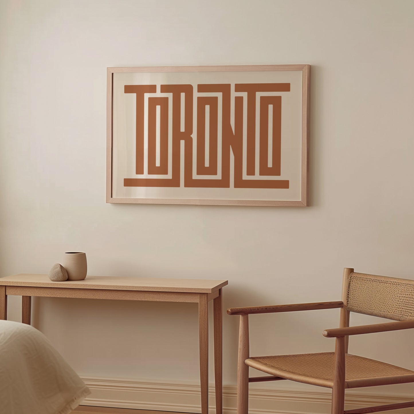 Wood framed minimalist Toronto Wall Decor in Boho style room wtih neutral colors