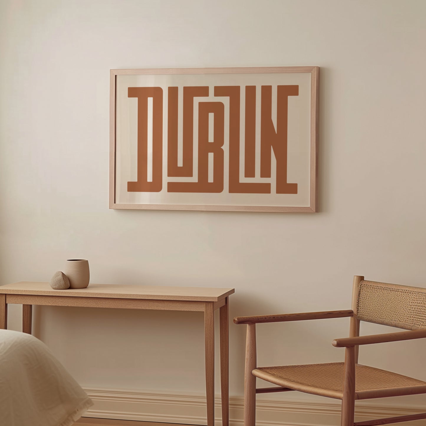 Wood framed minimalist Dublin Wall Decor in Boho style room wtih neutral colors