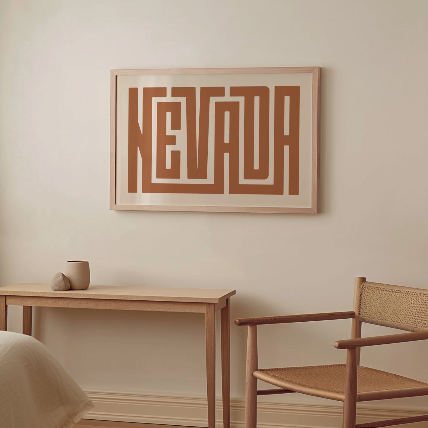 Wood framed minimalist Nevada Wall Decor in Boho style room wtih neutral colors