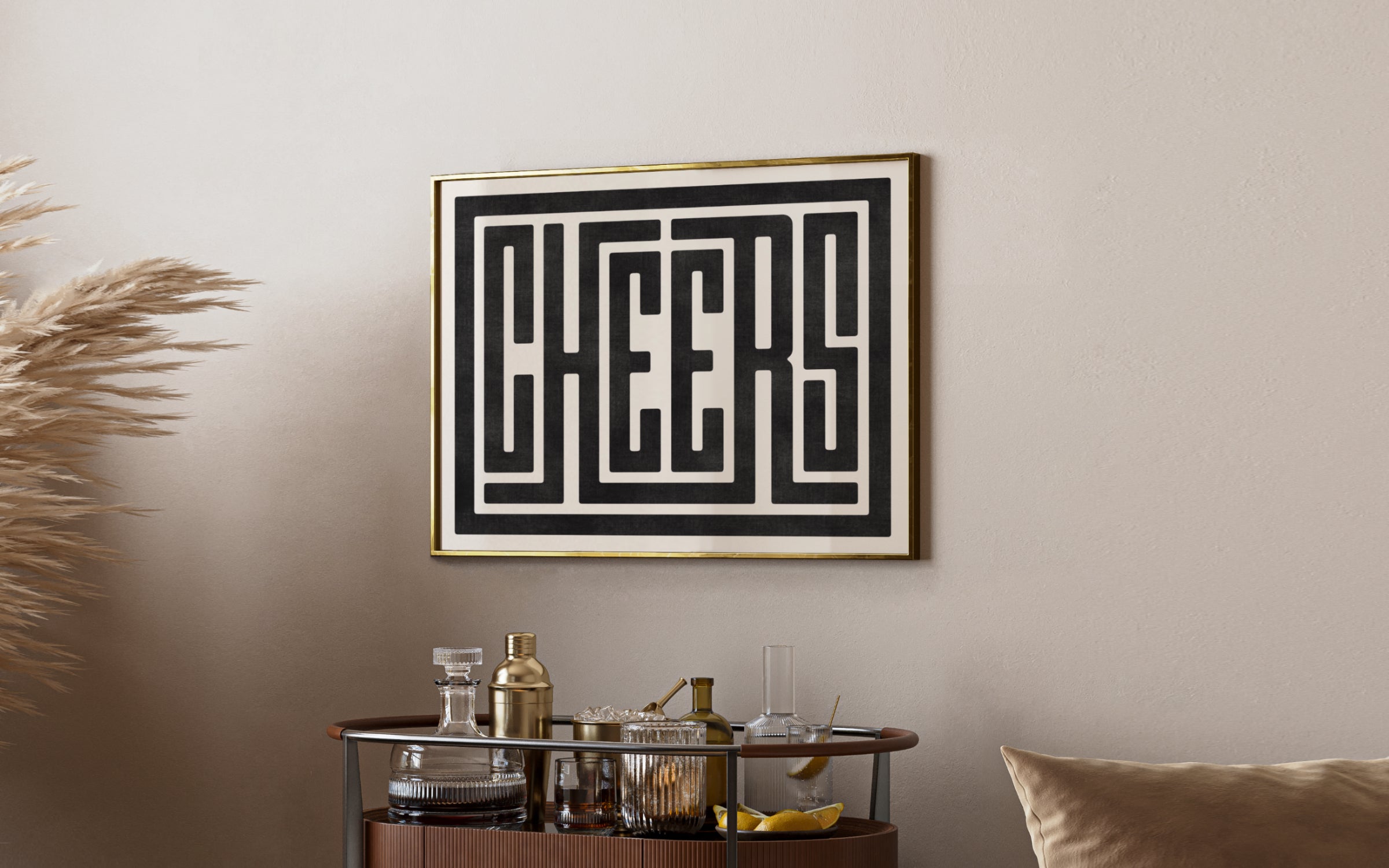 Framed Typography Cheers Print Over Bar Cart