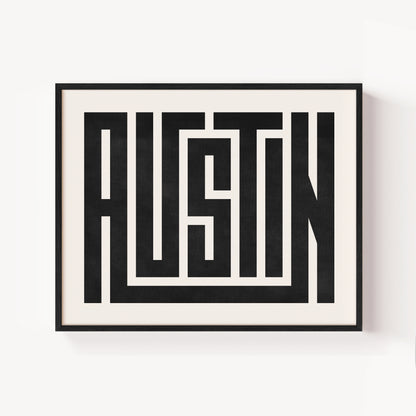 Modern Framed Austin Art - Black Typography Design on White Background