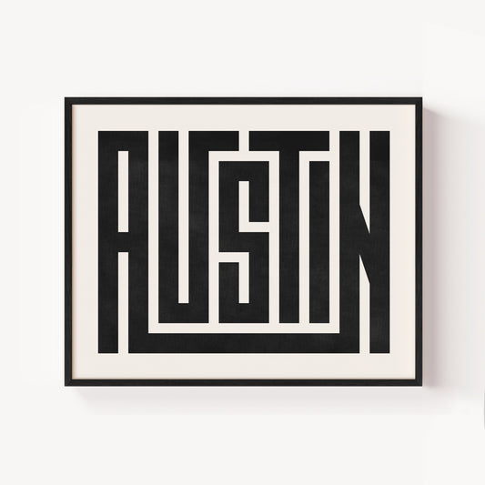 Modern Framed Austin Art - Black Typography Design on White Background