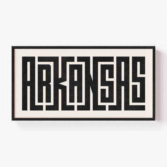 Modern Framed Arkansas Art - Black Typography Design on White Background
