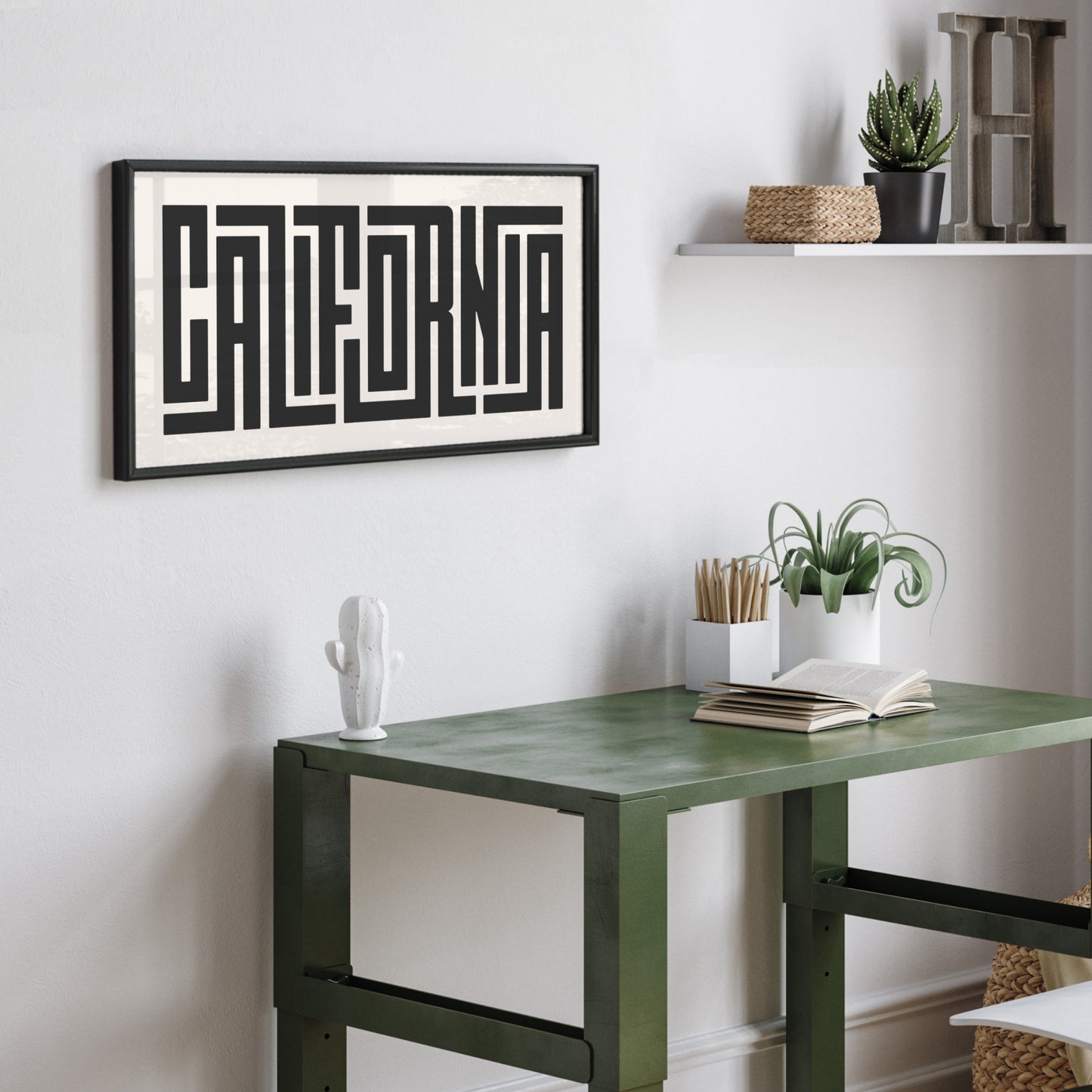 Personalized California art poster in Black Frame above desk in minimalist dorm room.