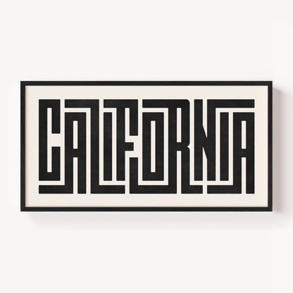Modern Framed California Art - Black Typography Design on White Background