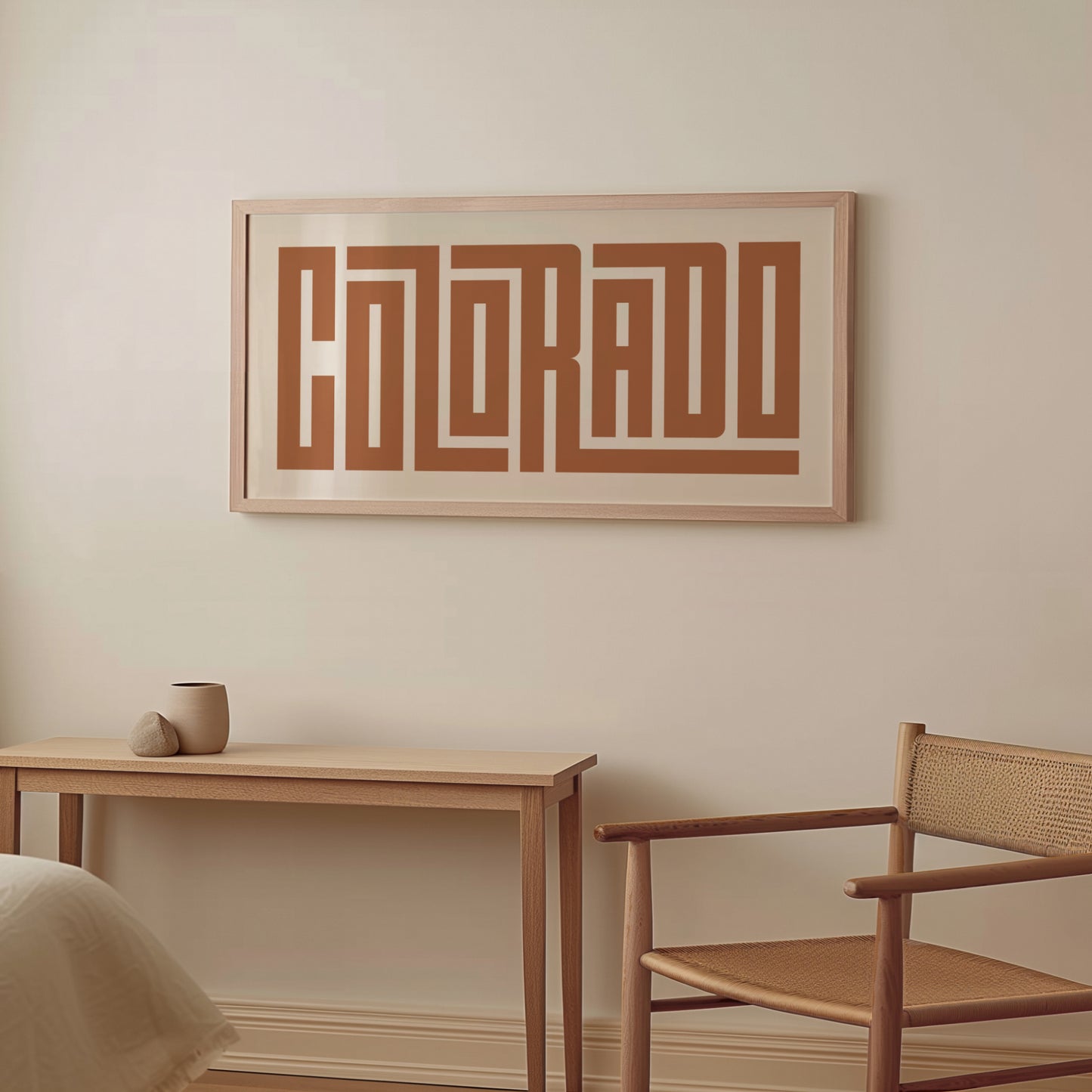 Wood framed minimalist Colorado Wall Decor in Boho style room wtih neutral colors