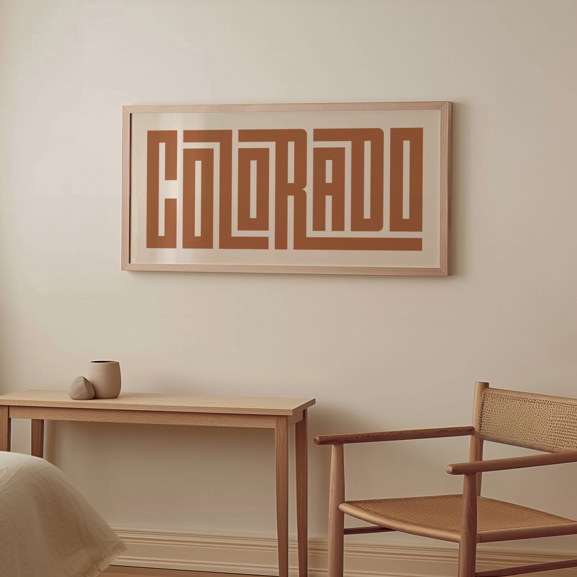 Wood framed minimalist Colorado Wall Decor in Boho style room wtih neutral colors