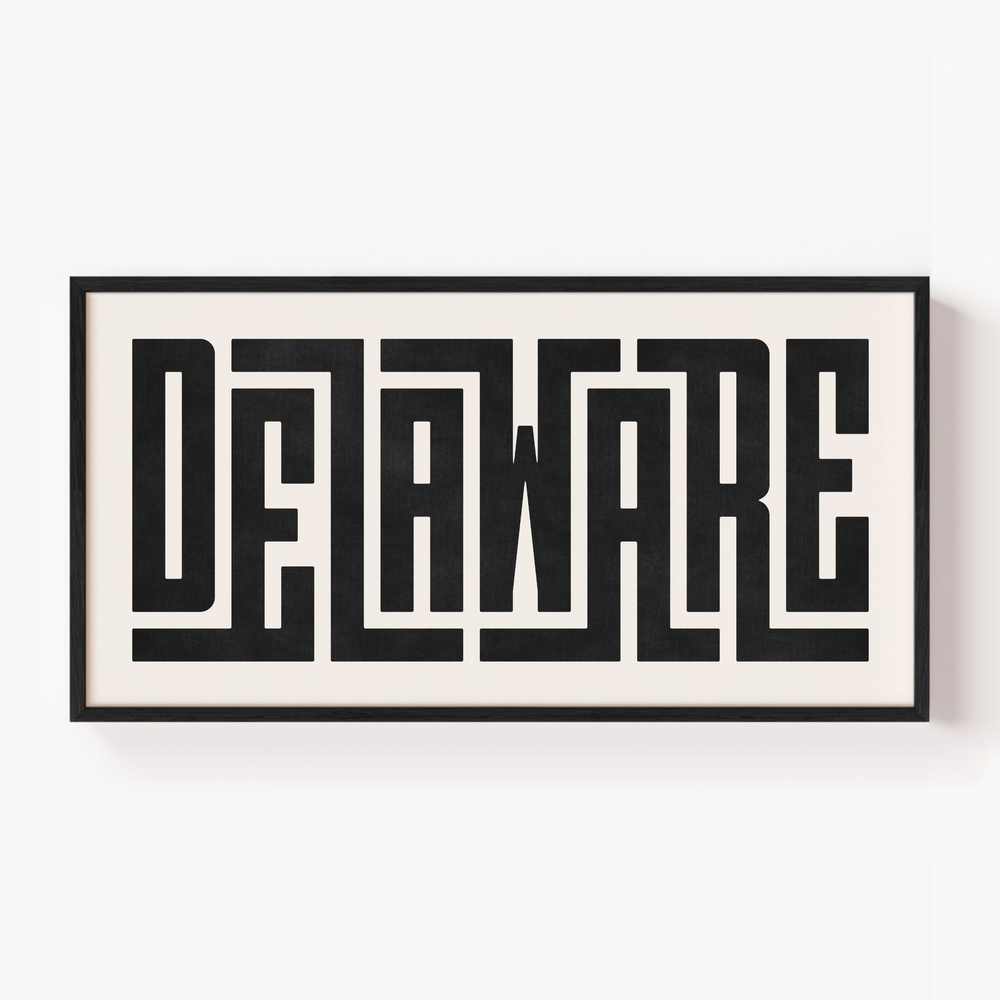 Modern Framed Delaware Art - Black Typography Design on White Background