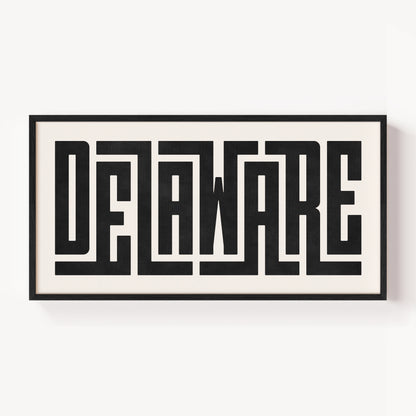 Modern Framed Delaware Art - Black Typography Design on White Background