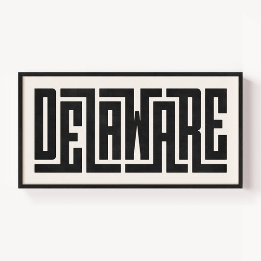 Modern Framed Delaware Art - Black Typography Design on White Background