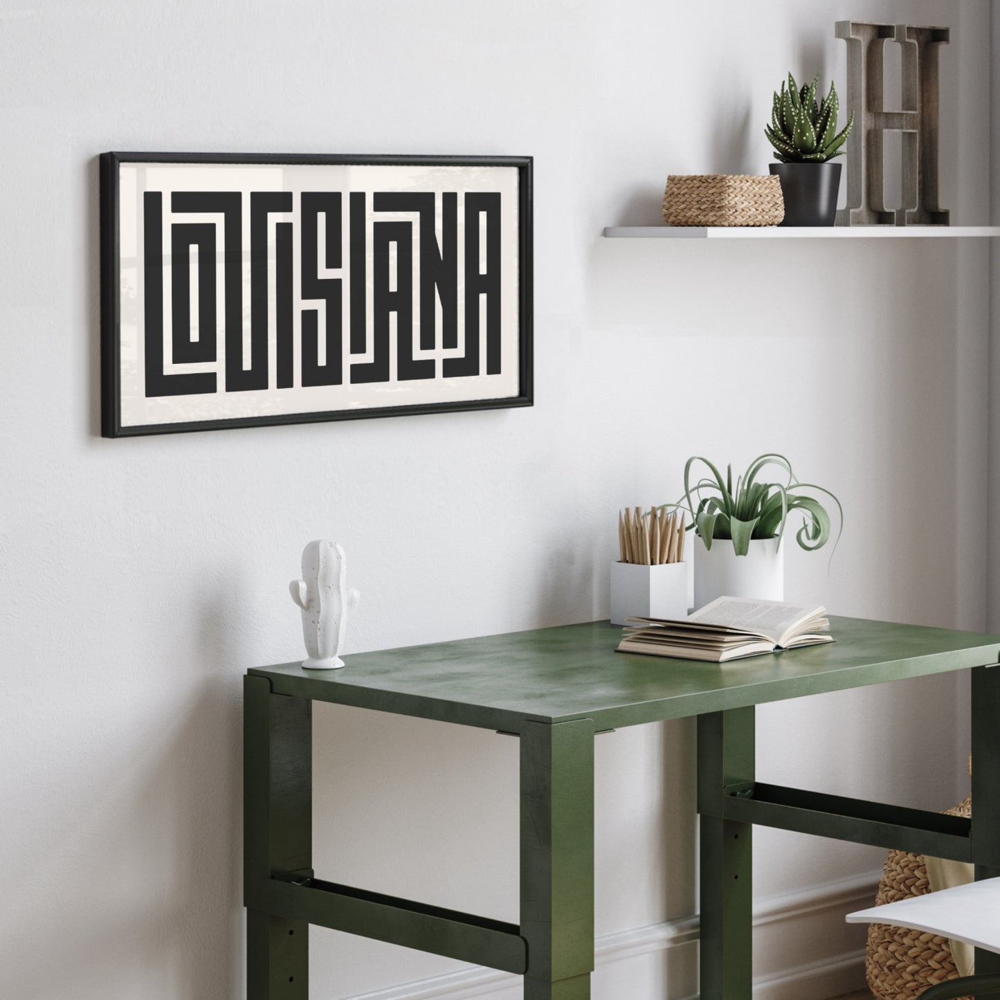 Personalized Louisiana art poster in Black Frame above desk in minimalist dorm room.
